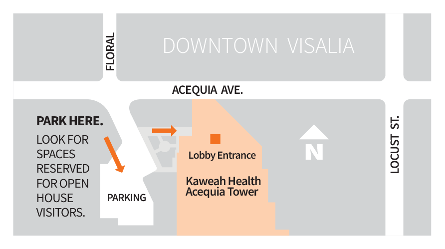 Map showing to park in the parking lot next to the Kaweah Health Acequia Tower.